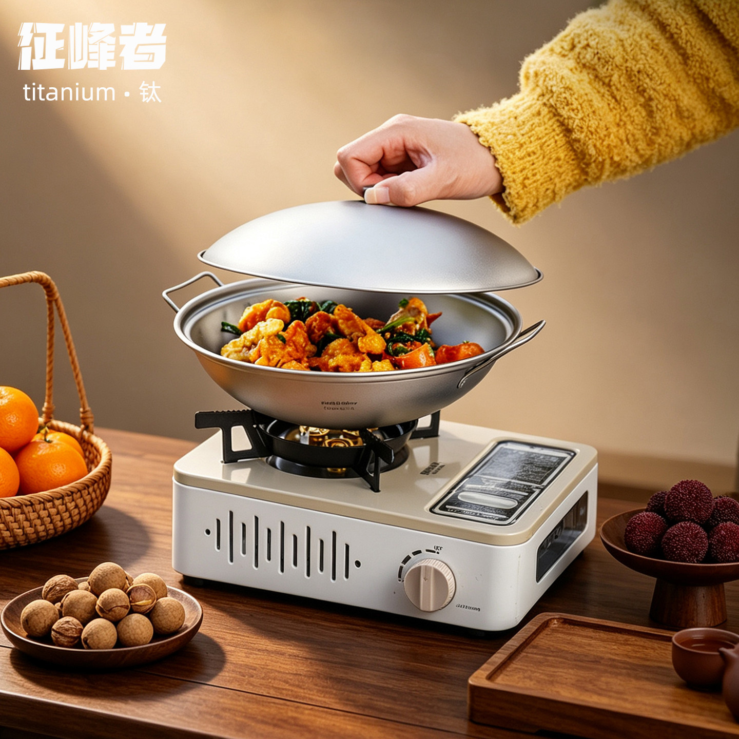 纯钛户外双耳干锅带盖露营便携