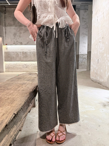 FFLU「懒懒格子」独自喜欢 亚麻棉肌理感格纹花边直筒休闲长裤