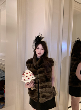 FFLU25/11/5 冬日贵感兔！坎肩马甲进口雷克斯獭兔中长款立领外套