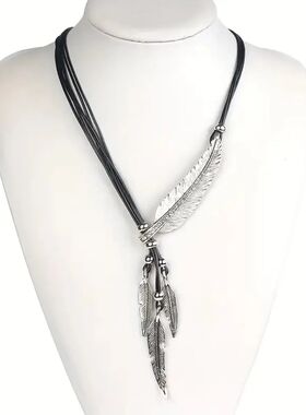 Vintage Metal Feather Design Pendant Necklace Bohemian Vocat