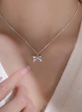 Korean Silver Color Bow Pendant Necklace for Women Minimalis