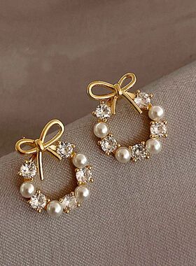 Fashion Lmitation Pearl Crystal Bow Stud Earring For Women G
