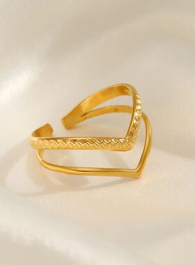 New Trendy Stainless Steel V Shape Double Layers Open Ring f