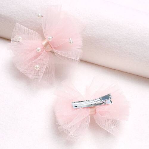 2Pcs Puffy Netting Hair Clips Bubble Cute Sweet Pink Pearl B