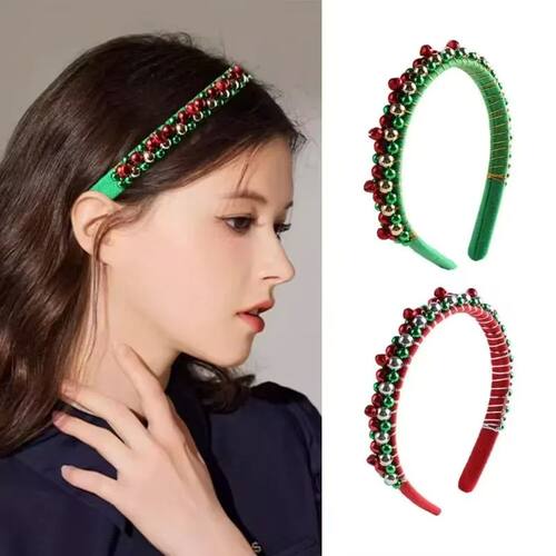 Festive Christmas Headband with Red Green Beads Golden Accen