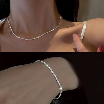 2pcs Set Shiny Sparkling Silver Plated Clavicle Chain Neckla