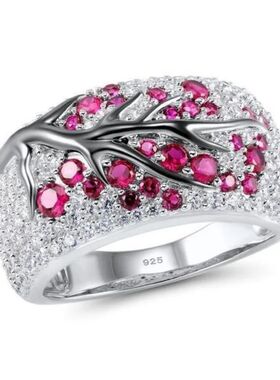 Elegant Adjustable Plum Branch Ring Red Crystal Women's Wedd