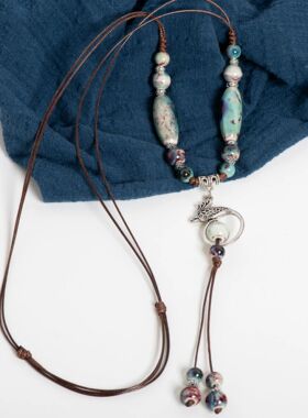 Handmade Phoenix-Inspired Ceramic Beaded Necklace Adjustable