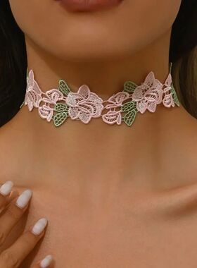 Pink Butterfly Flowers Leaf Lace Choker Necklace for Women S