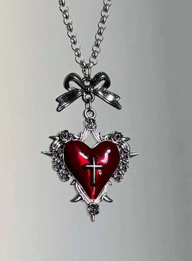 Y2K Bow Heart Pendant Necklace for Women Girls Gothic Red Dr