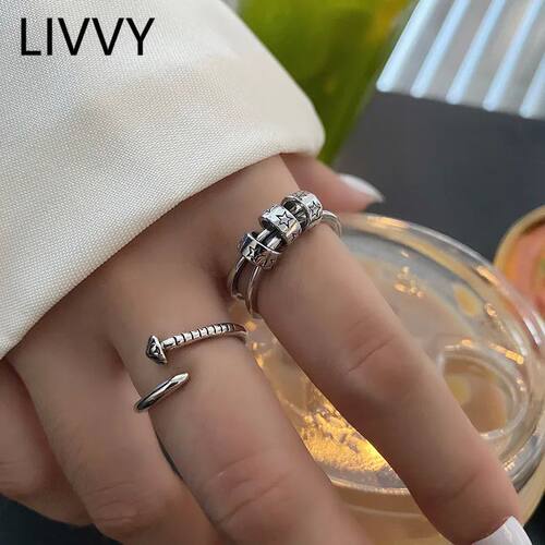 Arrived Thai silver Color Cylinder Star Double Layer Ring Fo