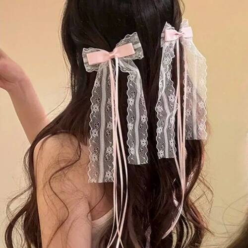 2Pcs Pink Sweet Lace Long Bow Hair Clip Women Girls Ribbon T