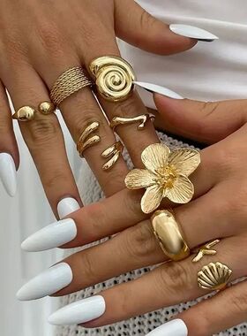 8Pcs/Set Vintage Metal Petal Flower Water Drop Open Rings fo