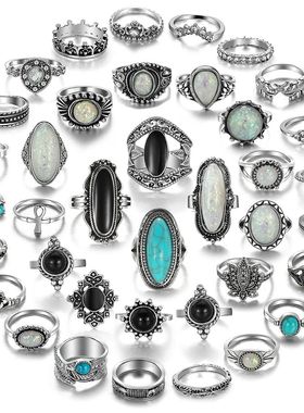 Set Bohemia Metal Rings for Women Men Vintage Silver Color F