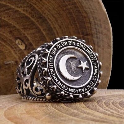 Vintage Turkey Moon Star Carved Men's Ring Punk Turkish Lett