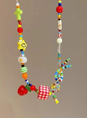 Cute Cartoon Apple Fruit Bow Colorful Beads Choker Necklace