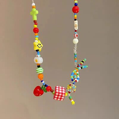 Cute Cartoon Apple Fruit Bow Colorful Beads Choker Necklace