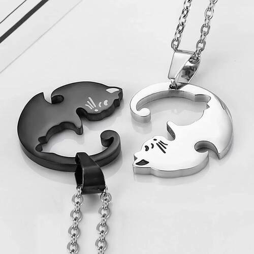Two Cat Couple Necklaces Jewelry Stainless Steel Black White