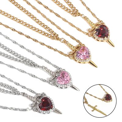 2pcs Can Be Assembled Heart and Sword Zircon Pendant Necklac
