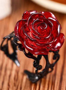 Vintage Gothic Red Rose Ring Adjustable Hollow Rings for Wom
