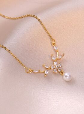 Stainless Steel Charm Gold Color Crystal Branch Flower Pearl