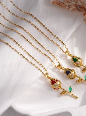 Stainless Steel Colorful Zircon Tulip Pendant Necklace for W