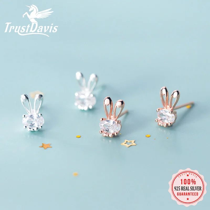 Solid Real Jewelry Cute Little Rabbit CZ Stud Earring Gift F-封面