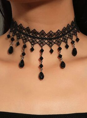 1 Px Ladies Gorgeous Black Lace Crystal Color Flower Necklac