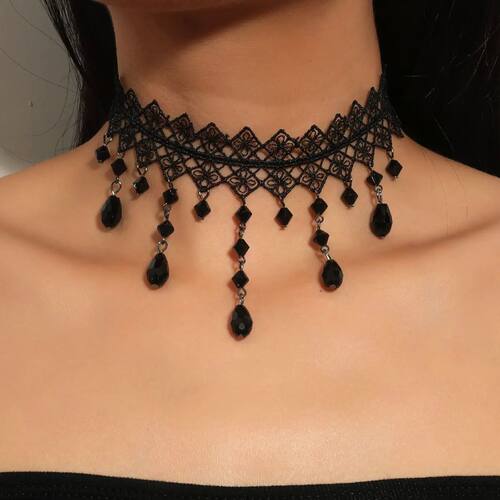 1 Px Ladies Gorgeous Black Lace Crystal Color Flower Necklac