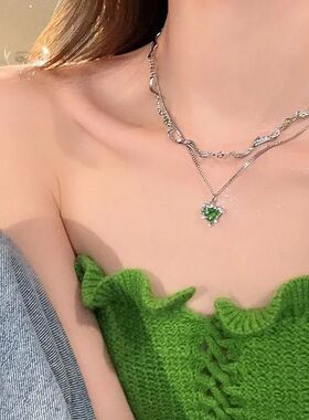 Y2K Green Crystal Love Heart Pendant Necklace Girls Double L