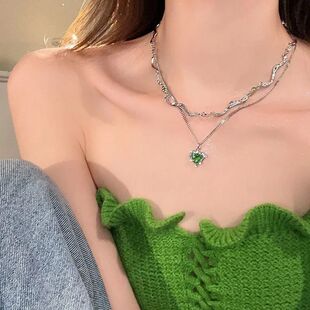 Y2K Pendant Double Heart Girls Love Crystal Green Necklace