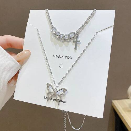Punk Cuban Double Layer Big Butterfly Pendant Necklace Silve