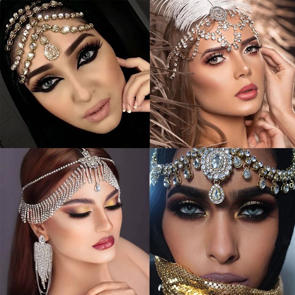 Vintage Trend Rhinestone Head Chain Forehead Headband Indian