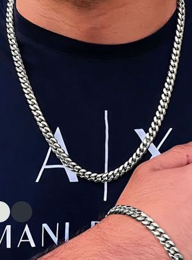 2pcs Street Hip Hop Stainless Steel Cuban Chain Necklace Bra