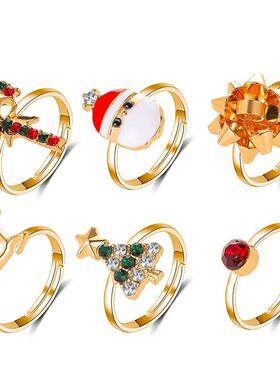6pcs Fashion Deer Santa Claus Christmas Ring Holiday Adjusta