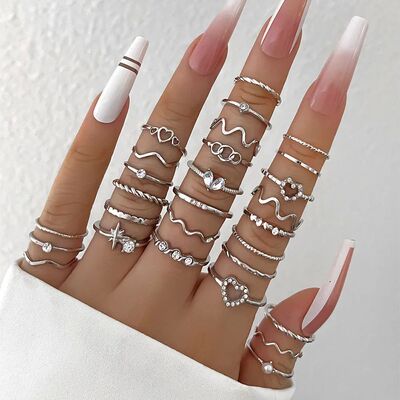 28Pcs Fashion Geometric Knuckle Rings Set For Women Crystal