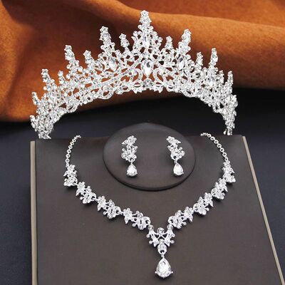 Elegant Bride Tiaras and Necklace Earrings Set Girls 3 pcs P