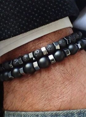2pcs/set Beaded Bracelet Men Lava Stone Agate Tiger Eye Bead