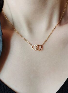 Simple Double Heart Pendant Necklace for Women Couple Stainl