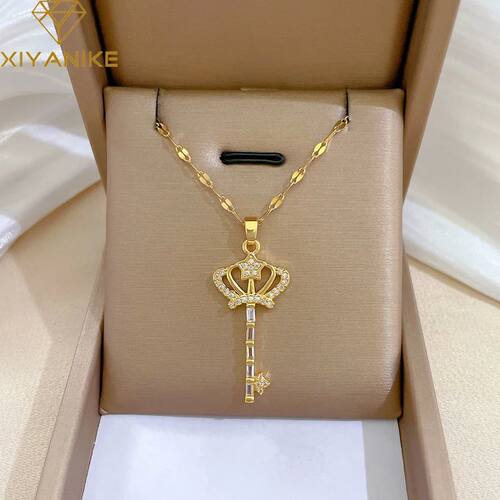 316L Stainless Steel Necklace Crown Key Pendant Golden Acces