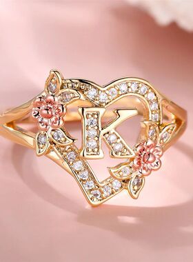 Cute Female A-Z Letter Rose Flower Wedding Rings Promise Ope