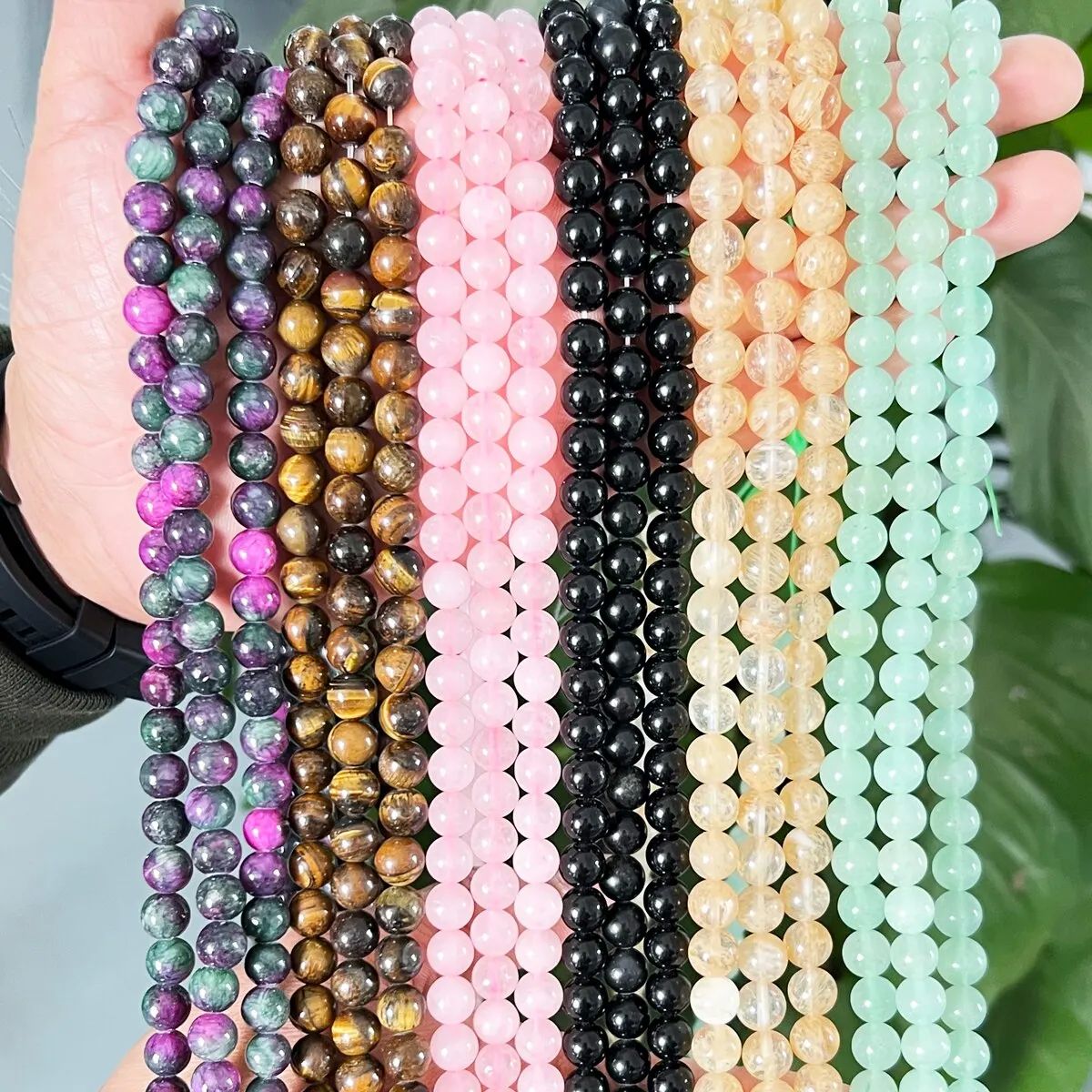 1 Strand 45pcs Natural Stone Rose Quartz Tiger Eye Black Obs