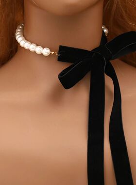 Punk Long Wide Black Velvet Ribbon Choker Bow Tie Simulated