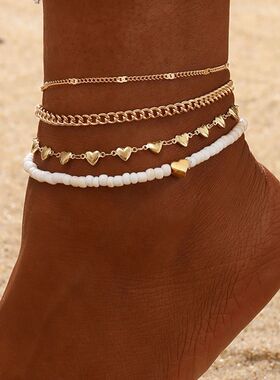 2-4pcs Vintage Gold Color Love Heart Chain Anklet Set for Wo