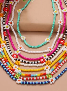Boho Handmade Rice Beads Summer Beach Flower Beaded Chain Ne