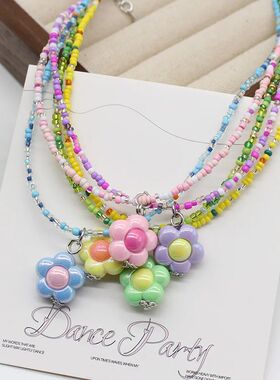 Boho Korean Style Beaded Daisy Necklace Choker Y2K Colorful