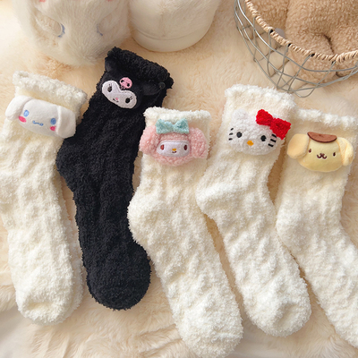 珊瑚绒袜子女中筒袜立体公仔