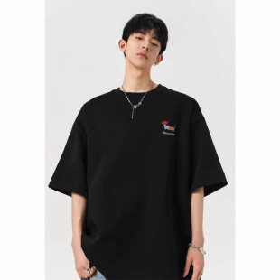 多巴胺白色腊肠狗刺绣短袖t恤男款夏季薄款极简风美式休闲半截袖