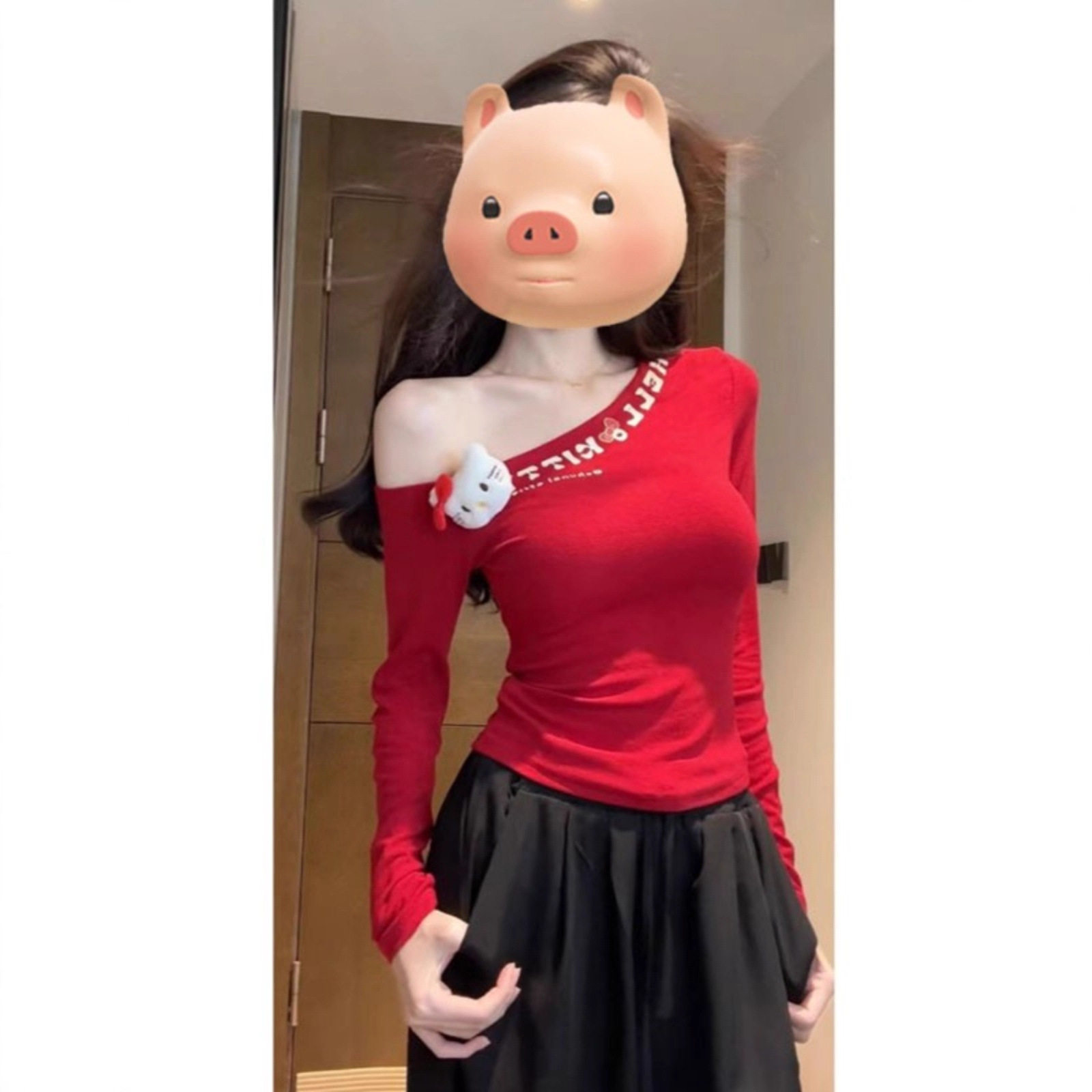春秋美式辣妹红色长袖斜肩T恤女T恤