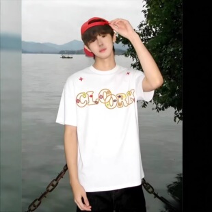 高街痞帅重磅三本针半袖 美式 t恤 男夏季 cleanfit国潮印花白色短袖